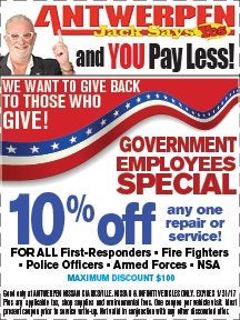 Government Employee Special! at Antwerpen Nissan Service in Clarksville, MD